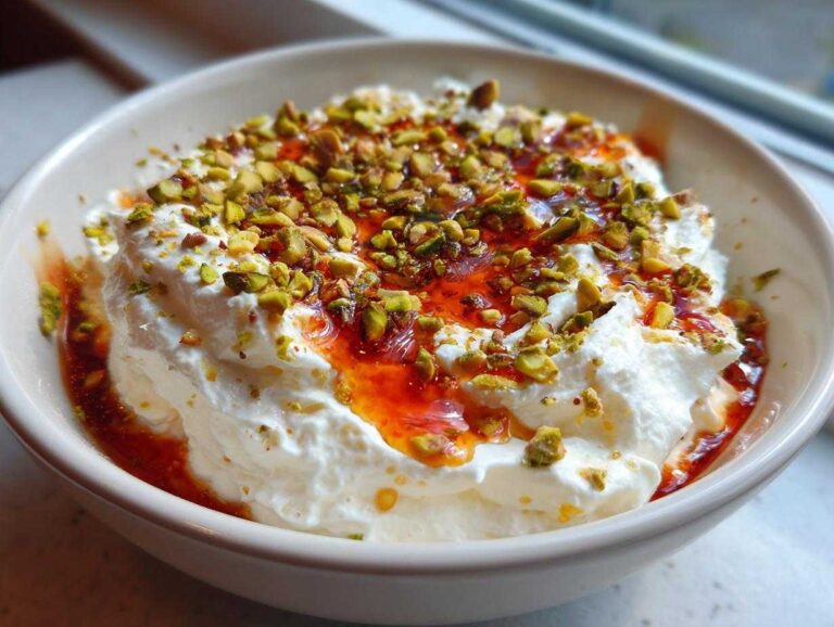 Close-up of creamy whipped ricotta dip with a drizzle of bright orange hot honey and chopped green pistachios.