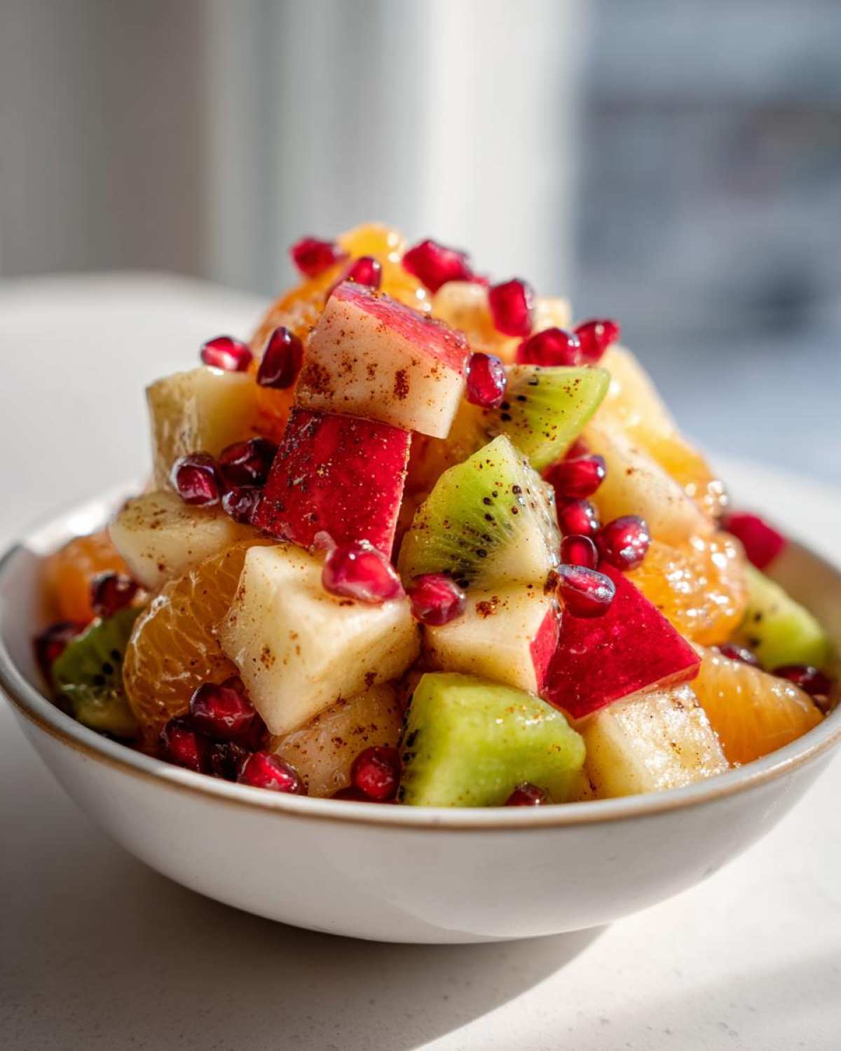 Close-up of a bowl filled with a colorful winter fruit salad featuring kiwi, apple, orange segments, and pomegranate seeds.