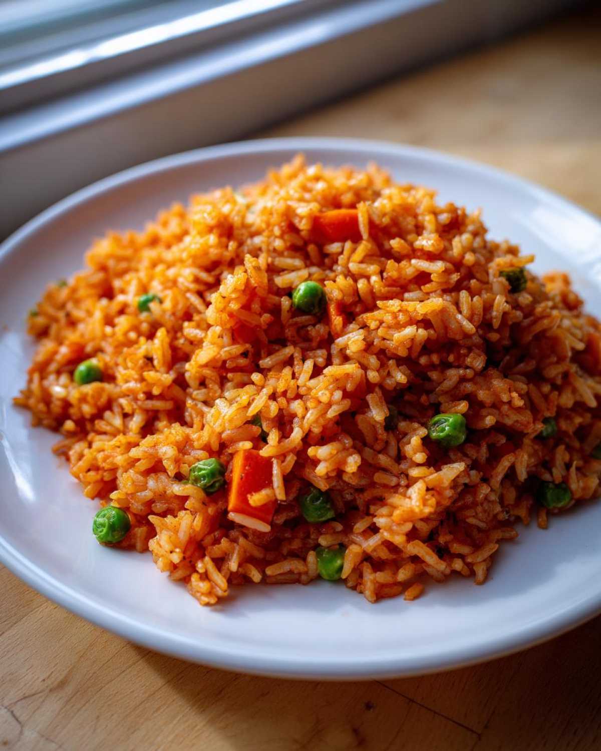 A generous serving of vibrant, orange Spanish rice mixed with bright green peas and diced carrots on a white plate.