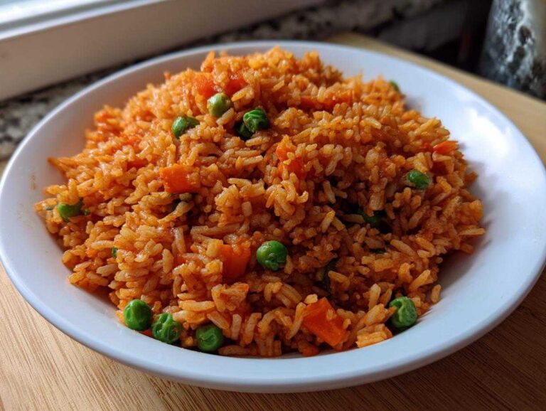 A close-up of a white bowl filled with vibrant orange Spanish rice mixed with bright green peas and diced carrots.