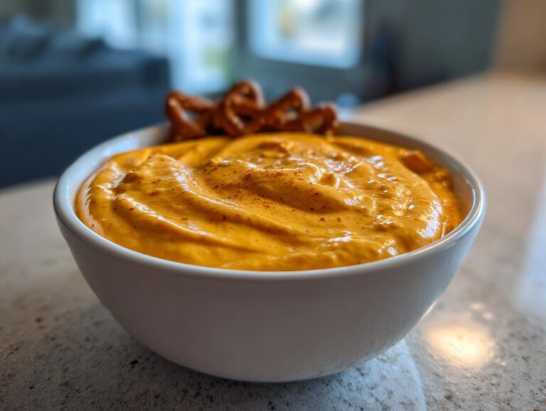 A close-up of a thick, creamy, orange beer cheese dip sprinkled with paprika, served with pretzels.