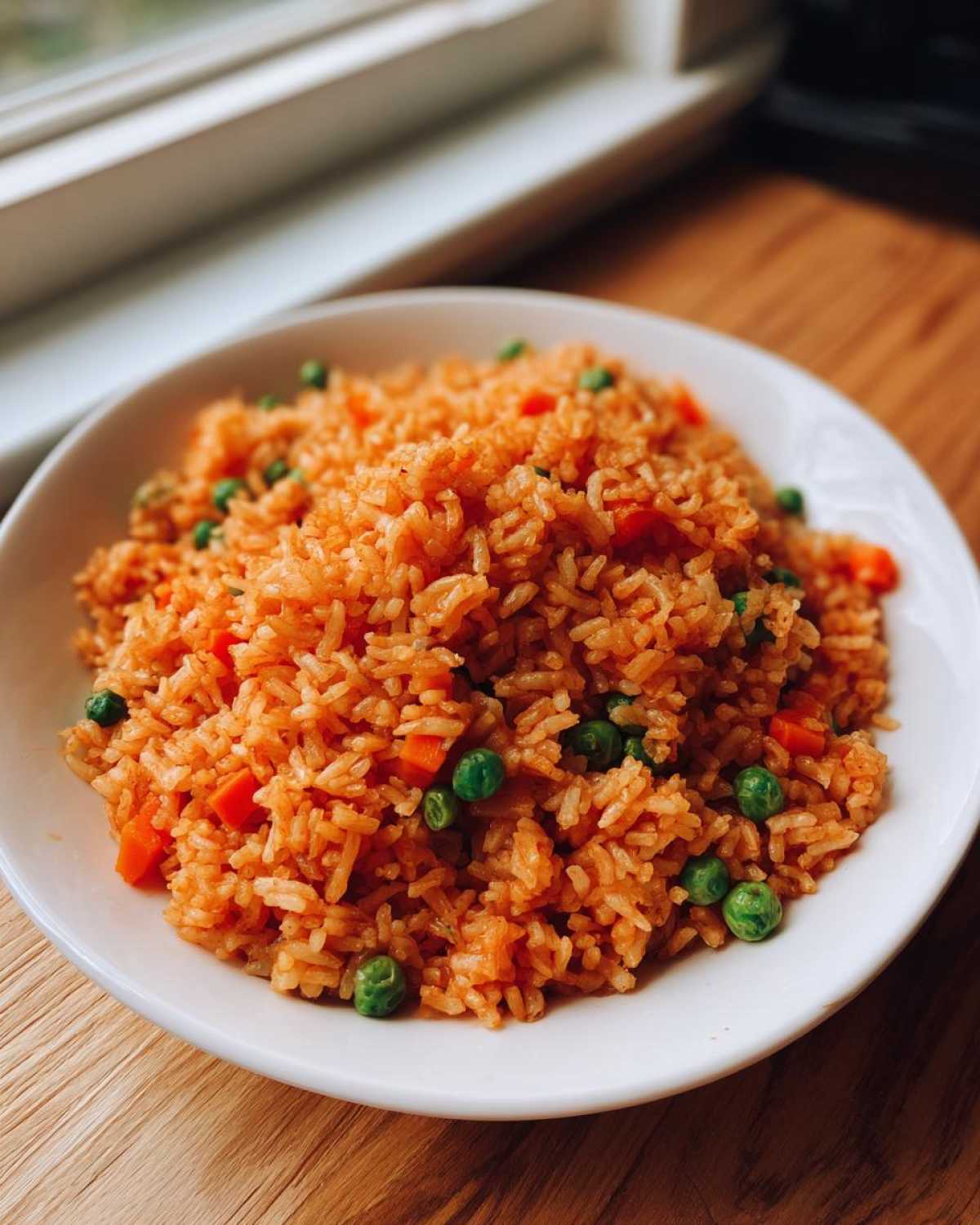 A white bowl filled with bright orange spanish rice mixed with green peas and diced carrots, set on a wooden table.