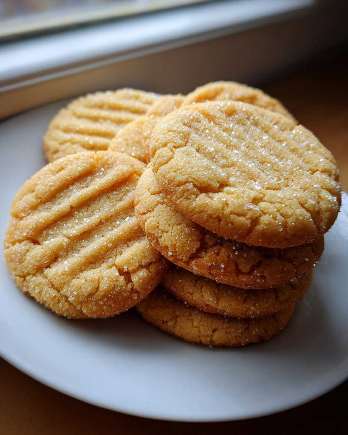 A stack of golden brown 3-ingredient butter cookies topped with sparkling sugar crystals.