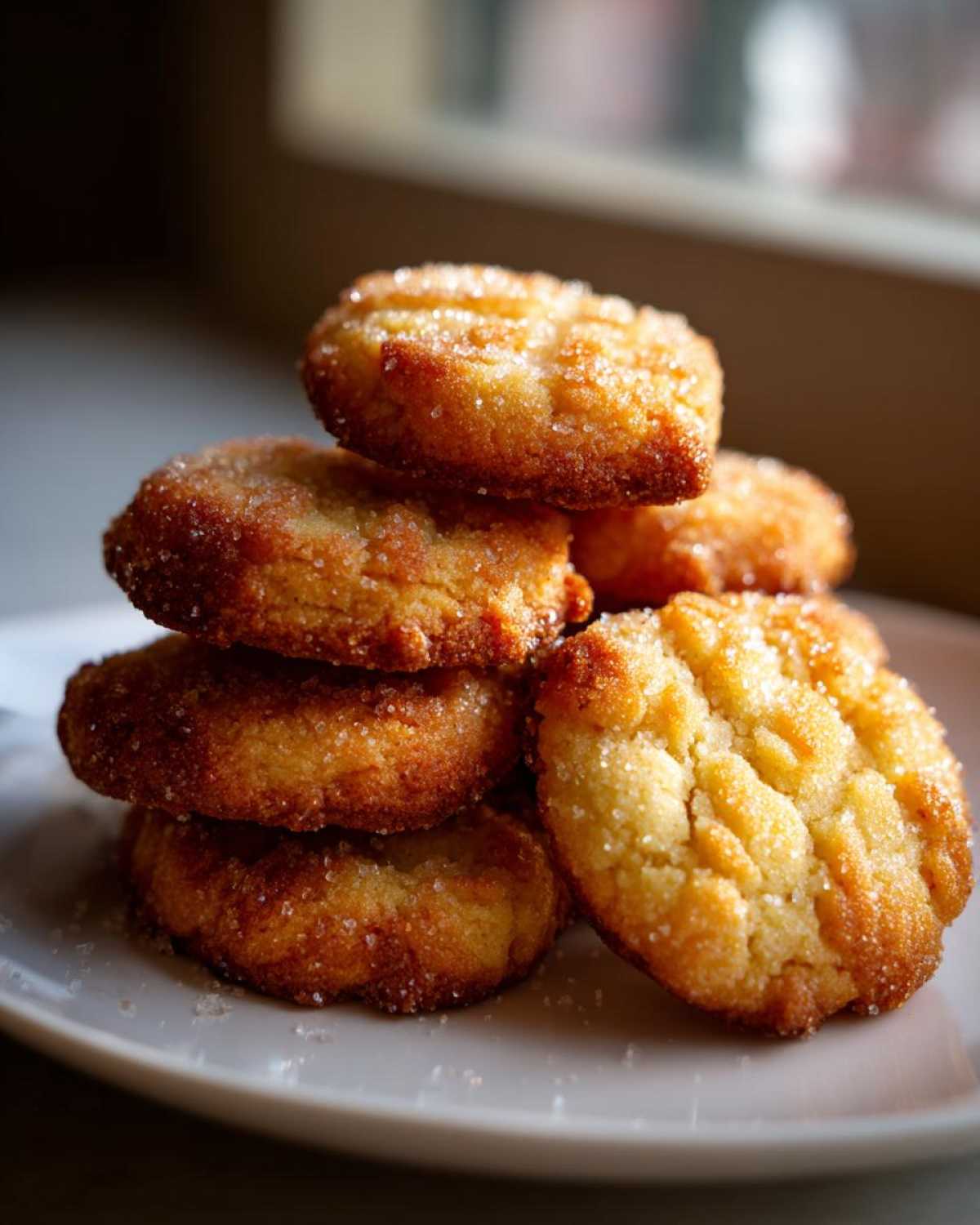 A stack of golden brown 3-ingredient butter cookies, coated generously in sparkling sugar crystals.