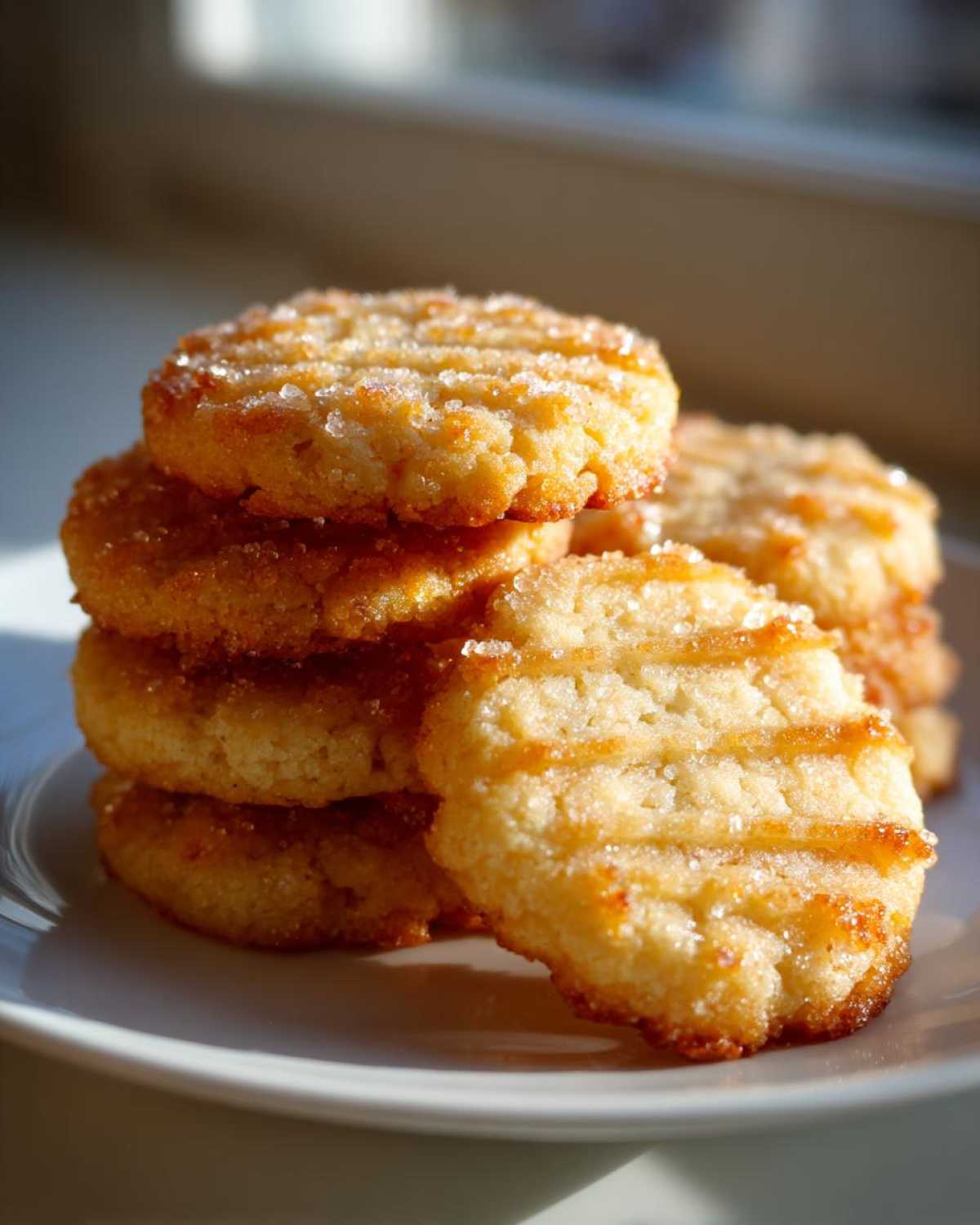 A close-up stack of golden brown 3-ingredient butter cookies topped with coarse sugar crystals.
