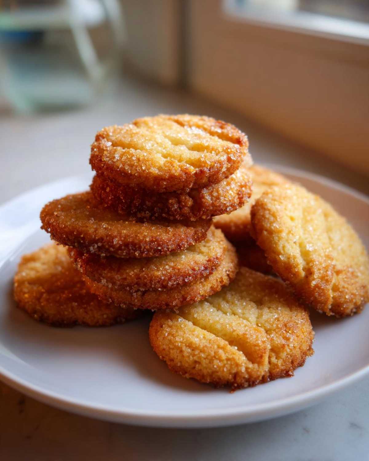 A stack of golden brown 3-ingredient butter cookies coated in sparkling sugar on a white plate.