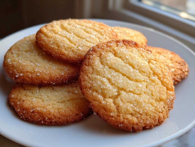 A stack of golden, fork-pressed 3-ingredient butter cookies sprinkled with coarse sugar on a white plate.