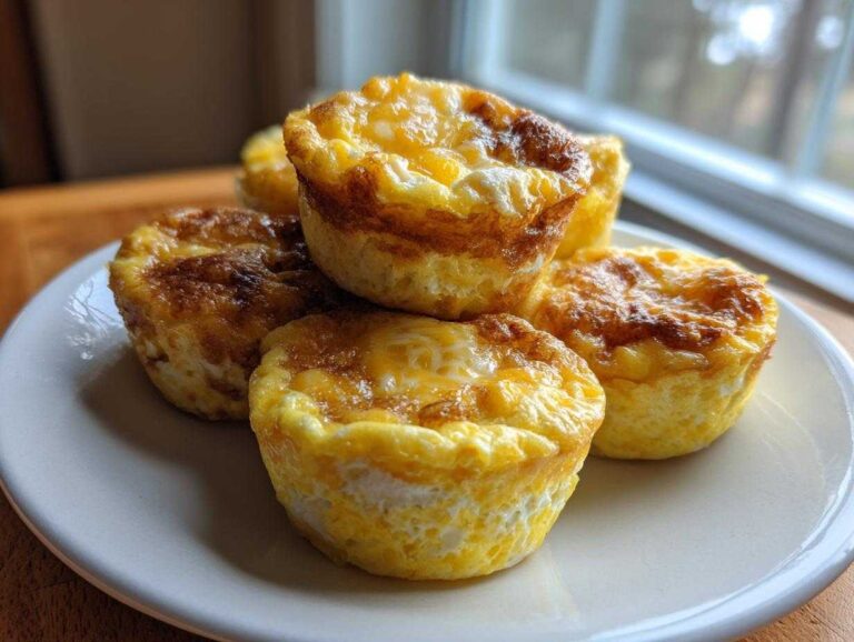 A stack of five golden brown, cheesy egg bites resting on a white plate, perfect for a quick energy boost.