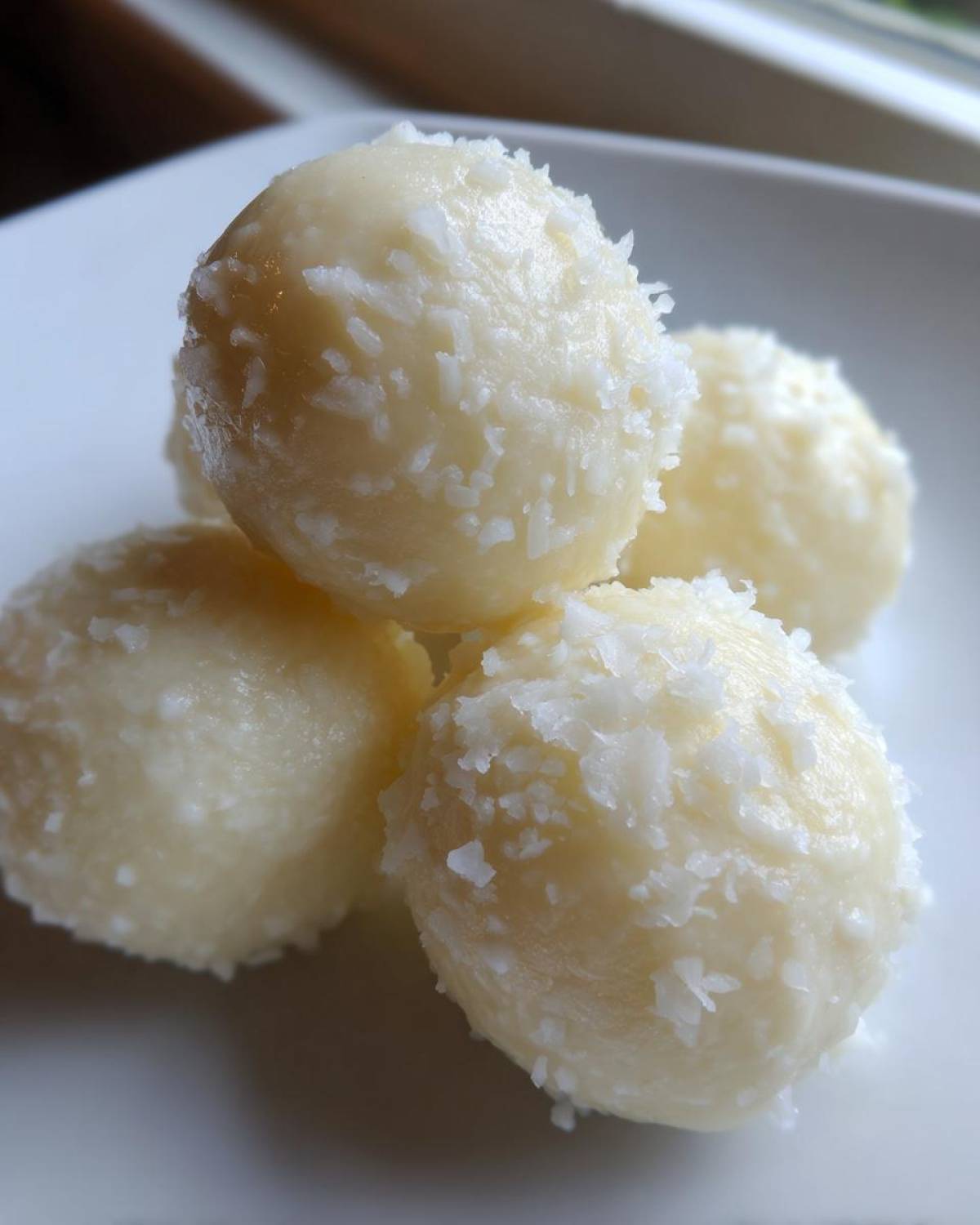 Four creamy, pale yellow sugar cookie truffles rolled in shredded coconut, stacked on a white plate.