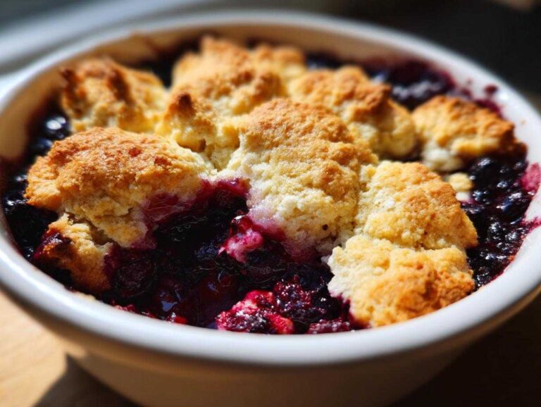 Close-up of a warm berry cobbler with golden biscuit topping bubbling over dark purple fruit filling.