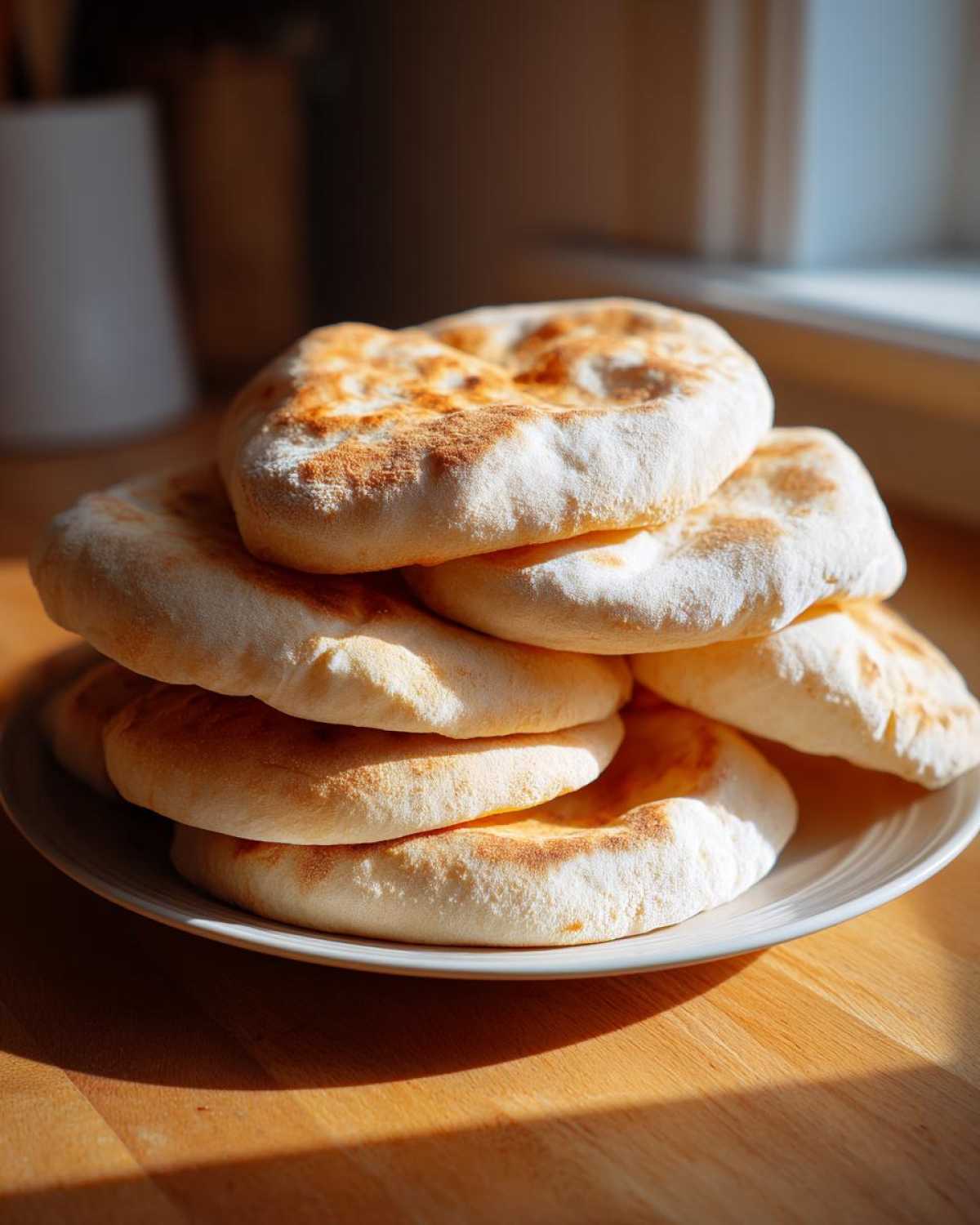 A stack of fluffy, homemade pita bread with golden-brown spots resting on a white plate.
