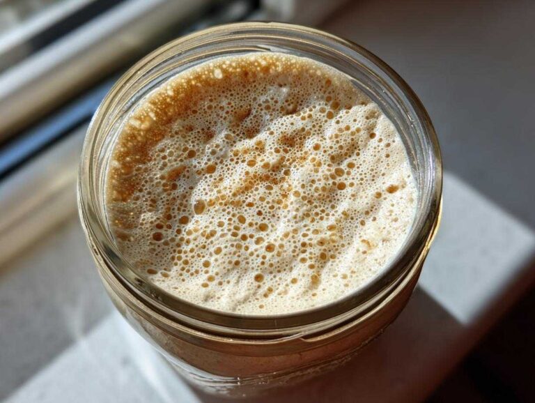 Overhead view of a thriving, bubbly sourdough starter in a glass jar, indicating peak activity.
