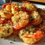 Close-up of perfectly cooked air fryer frozen shrimp coated in crispy breading and green herbs.