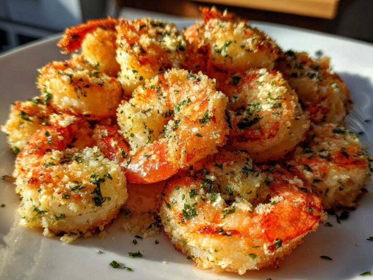 Close-up of perfectly cooked air fryer frozen shrimp coated in crispy breading and green herbs.