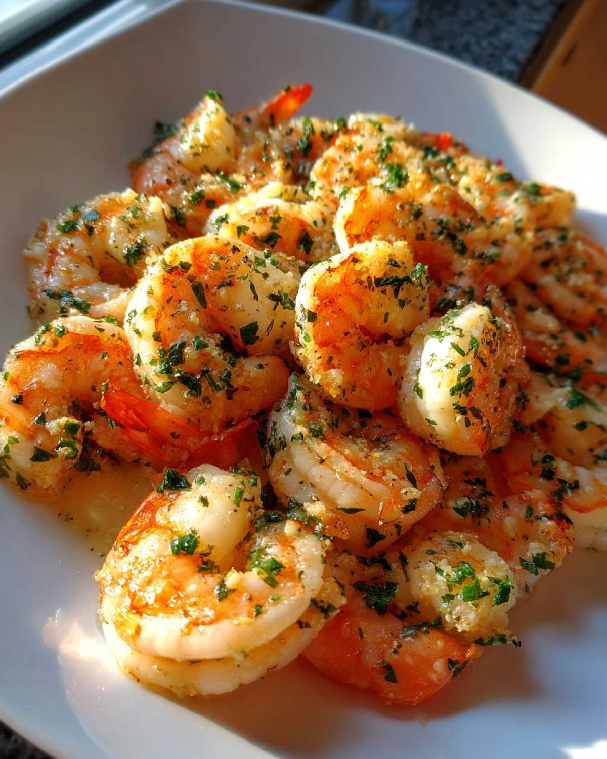A white bowl filled with juicy, cooked air fryer frozen shrimp seasoned with garlic and fresh parsley.