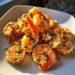 A pile of golden, crispy air fryer frozen shrimp coated in garlic and parsley served on a white plate.