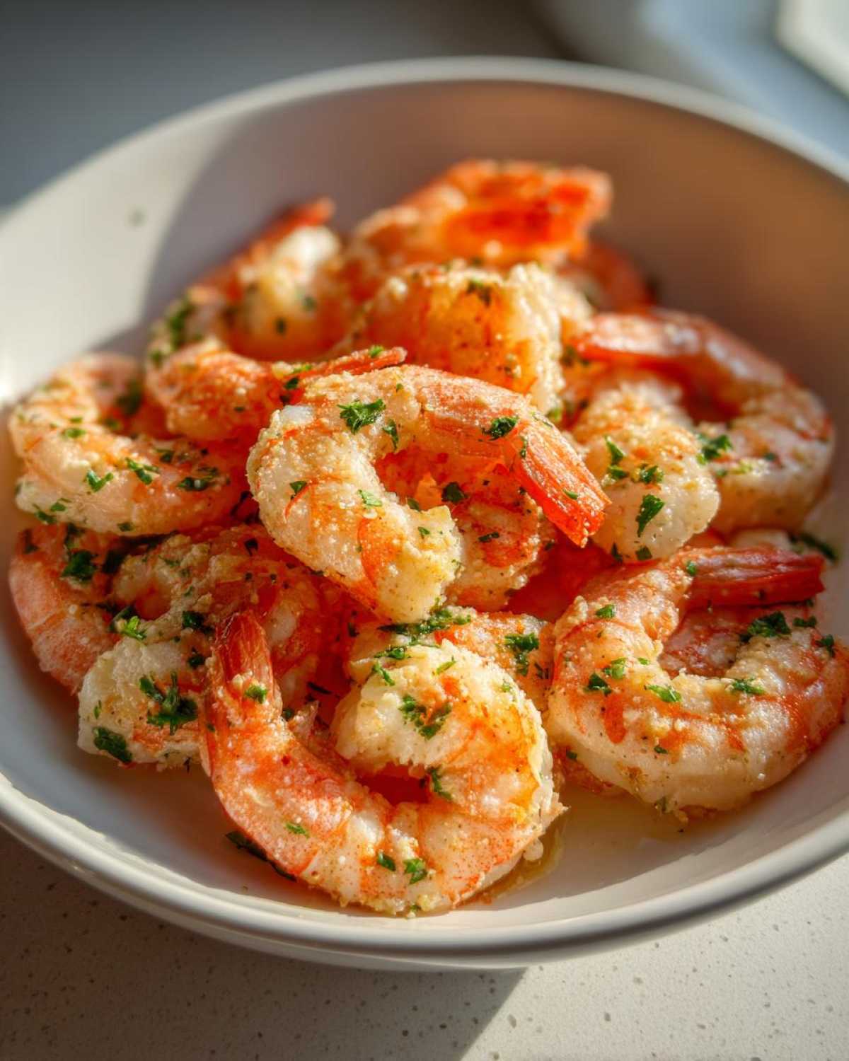 Close-up of cooked, seasoned air fryer frozen shrimp piled in a white bowl, garnished with fresh parsley.