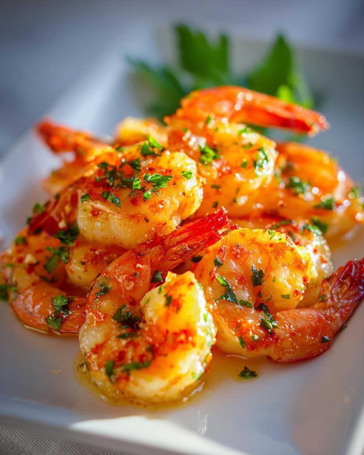 Close-up of juicy, seasoned air fryer frozen shrimp piled on a white plate, garnished with fresh parsley.