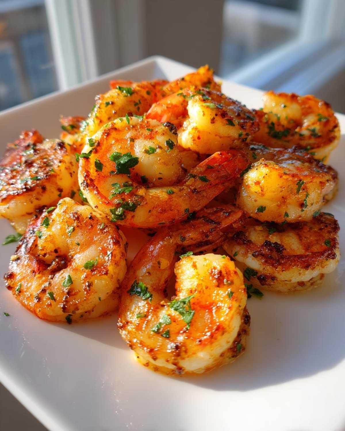 A close-up of seasoned and cooked air fryer frozen shrimp piled on a white plate, garnished with parsley.