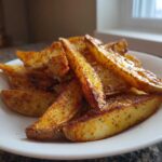 A close-up of crispy, golden air fryer potato wedges seasoned with paprika and herbs, served on a white plate.