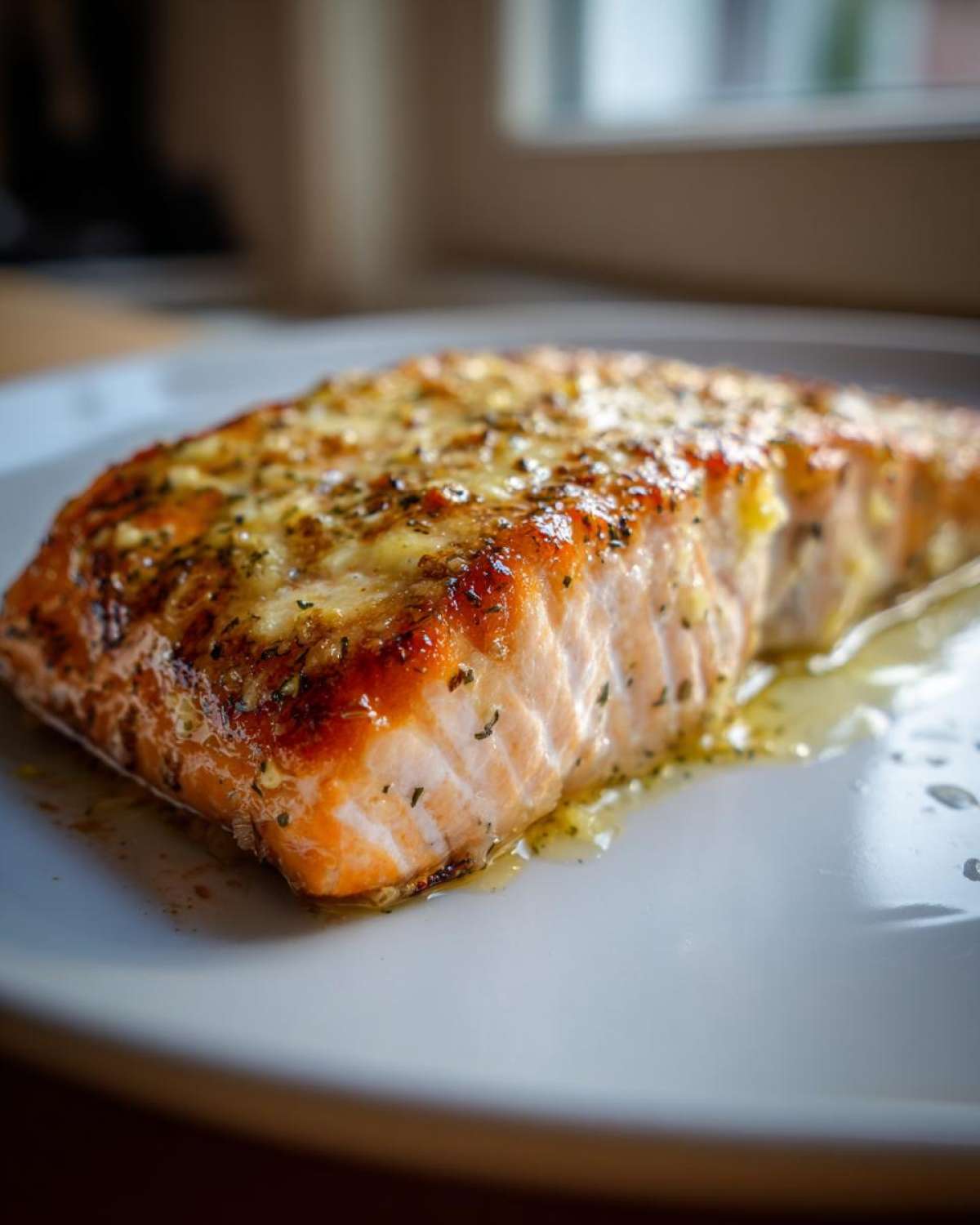Close-up of a golden, seasoned air fryer salmon fillet resting on a white plate with melted butter.