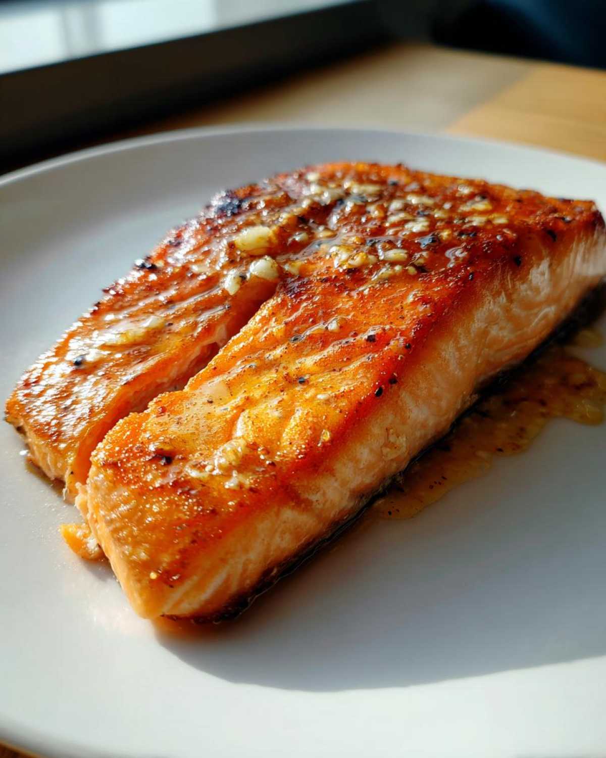 Close-up of a beautifully glazed and cooked air fryer salmon fillet resting on a white plate.