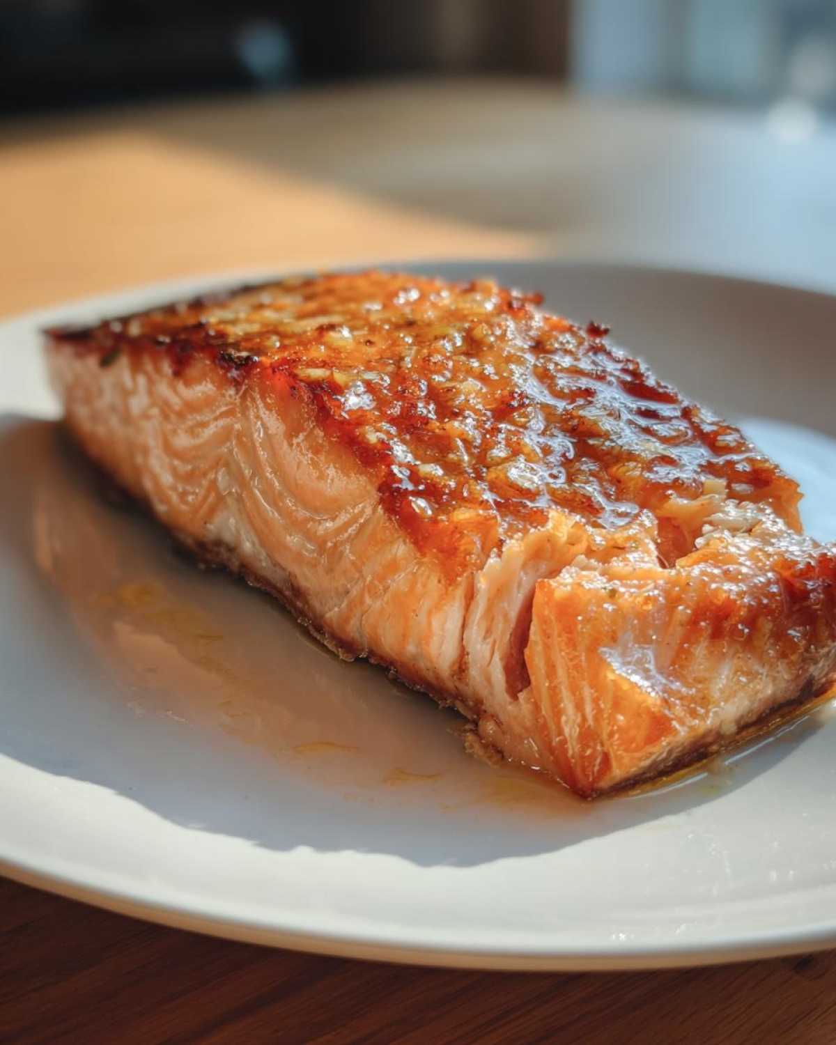 Close-up of a glazed, flaky salmon fillet cooked perfectly in an air fryer salmon recipe.