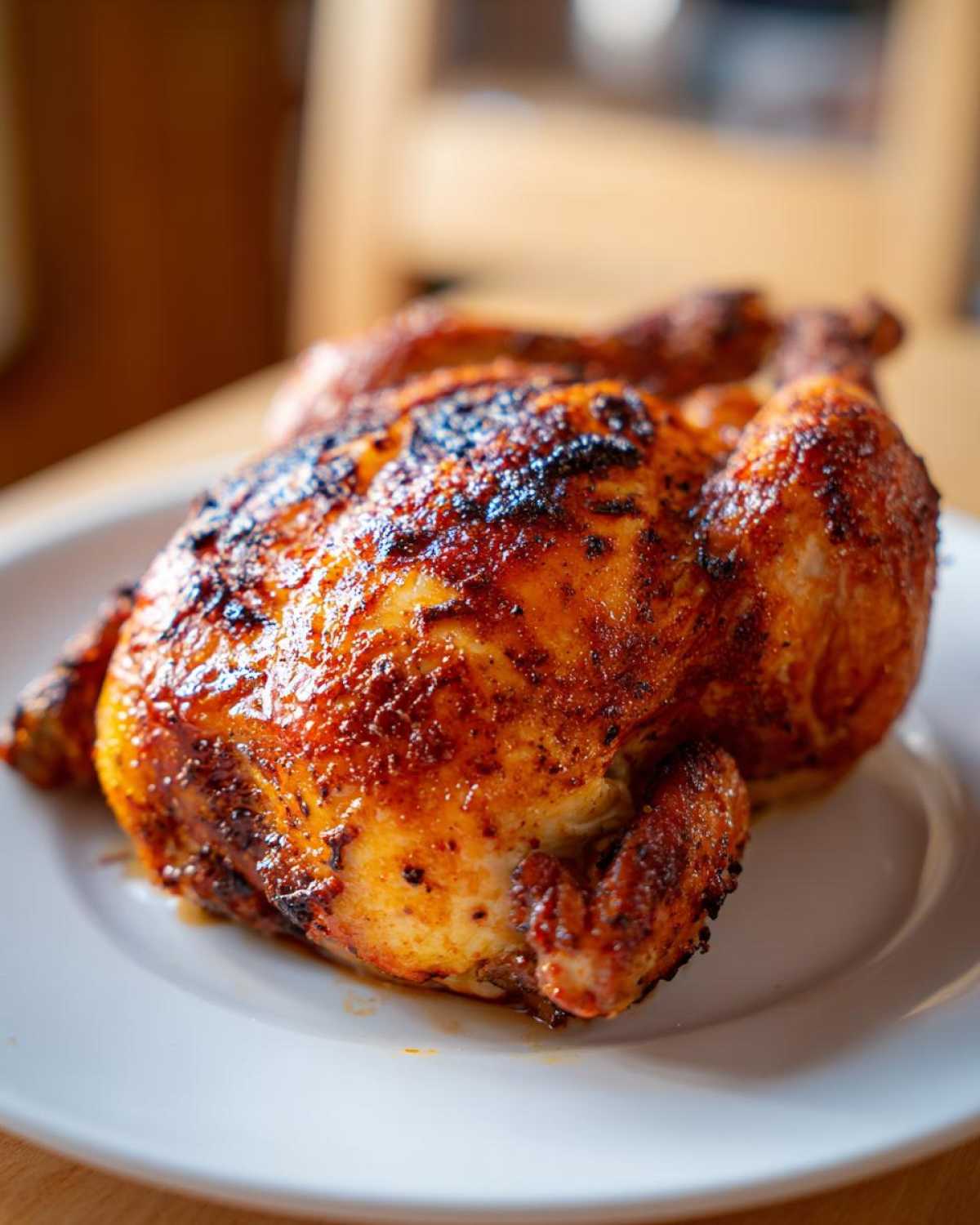 A beautifully browned and crispy air fryer whole chicken resting on a white plate, ready to serve.