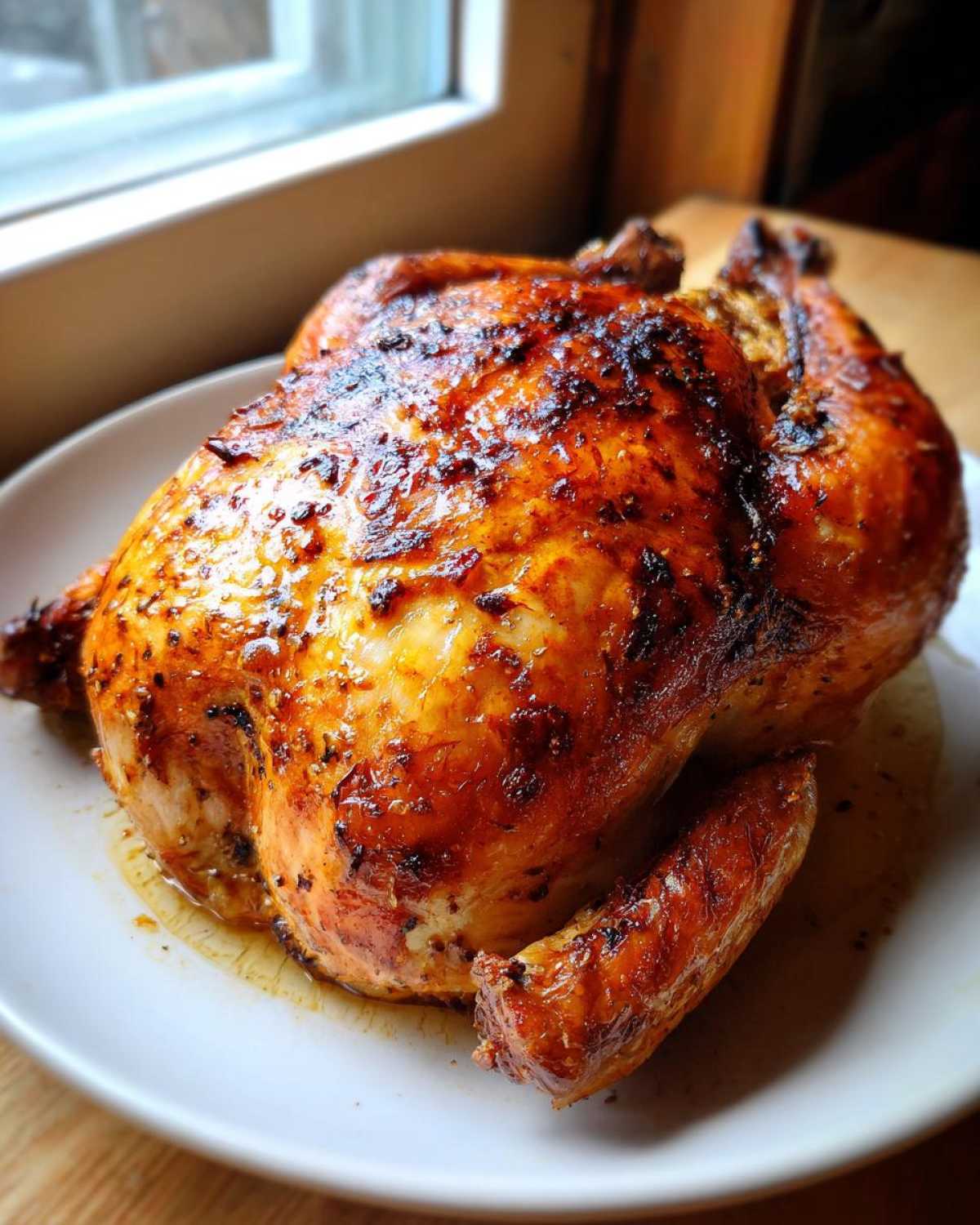 A beautifully browned and juicy air fryer whole chicken resting on a white plate, showcasing crispy skin.