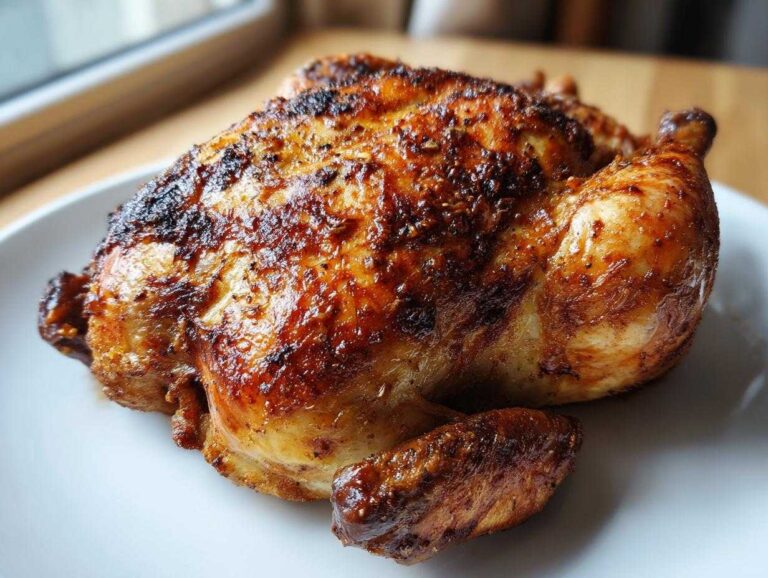 A whole chicken cooked to golden brown perfection in the air fryer, resting on a white plate.