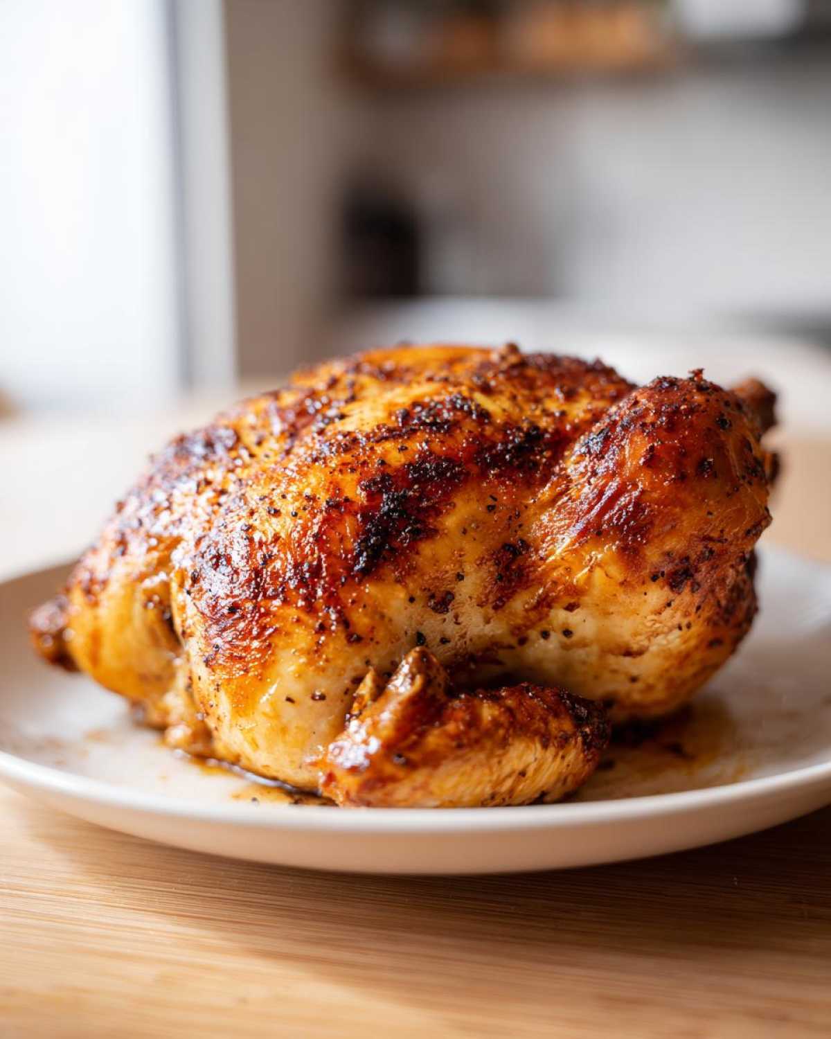 A whole roasted chicken with crispy, seasoned skin sits on a white plate, showcasing the result of an air fryer whole chicken recipe.