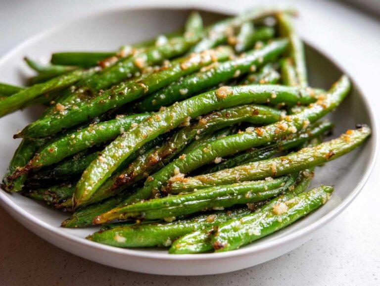 Close-up of bright green beans roasted and seasoned with visible garlic bits, ready to serve.
