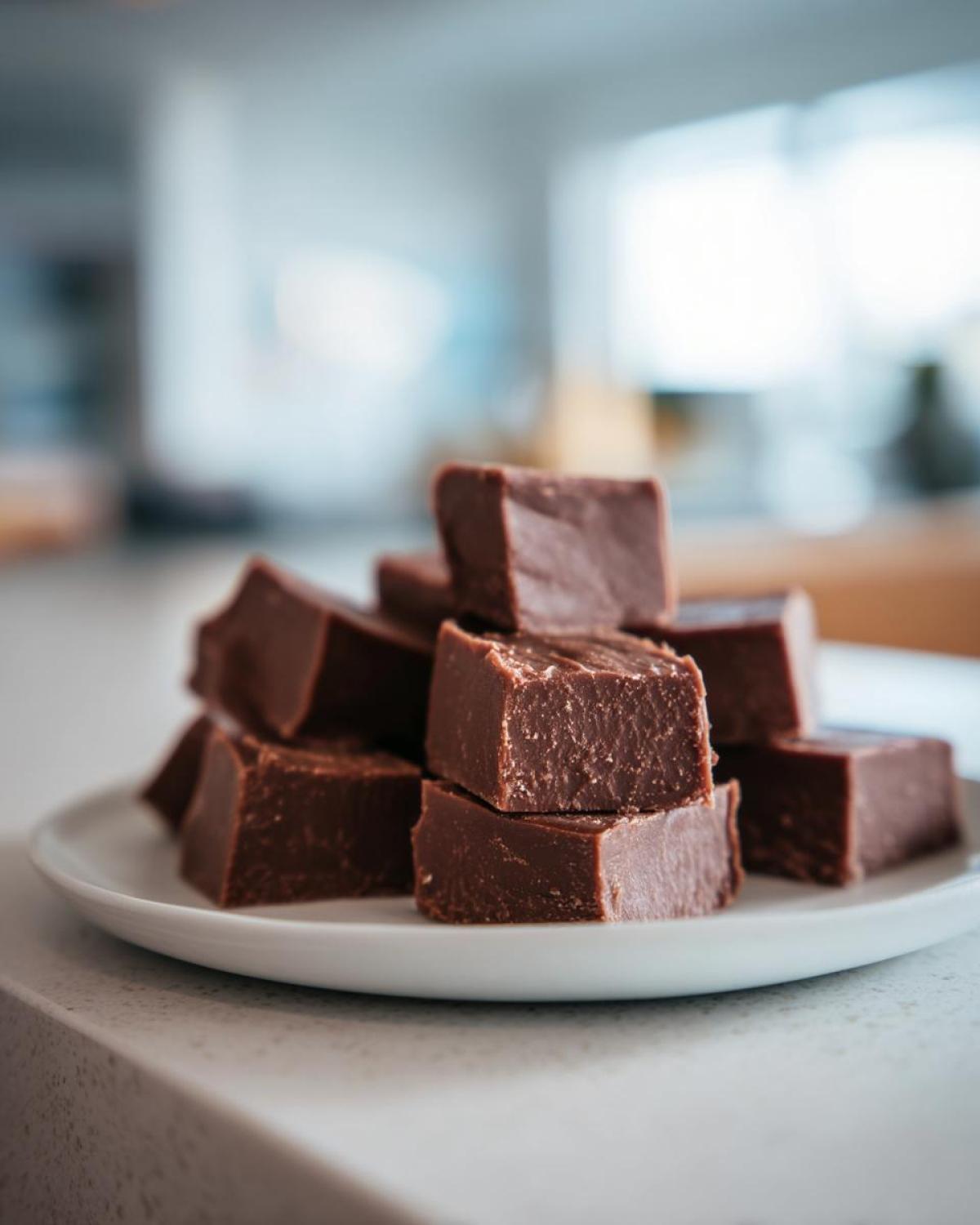 A close-up stack of rich, dark chocolate fudge squares resting on a white plate.