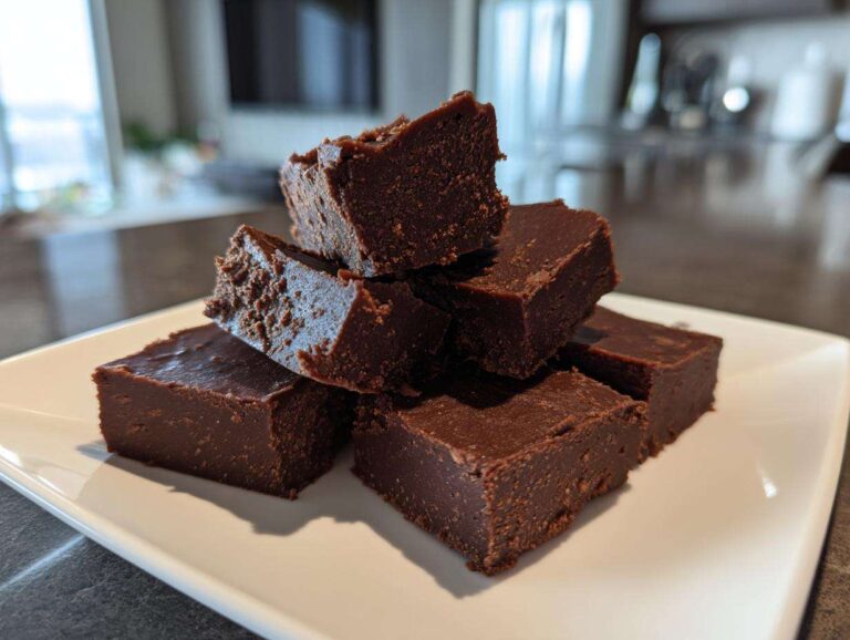 A stack of rich, dark chocolate fudge squares resting on a white plate, showcasing the smooth texture of the fudge.
