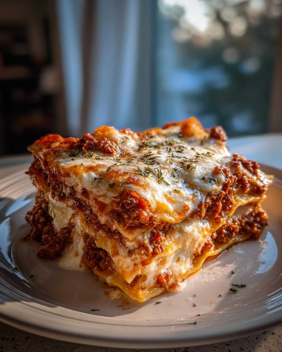 A tall, thick slice of amazing 8-layer lasagna with rich meat sauce and melted cheese, sprinkled with herbs.