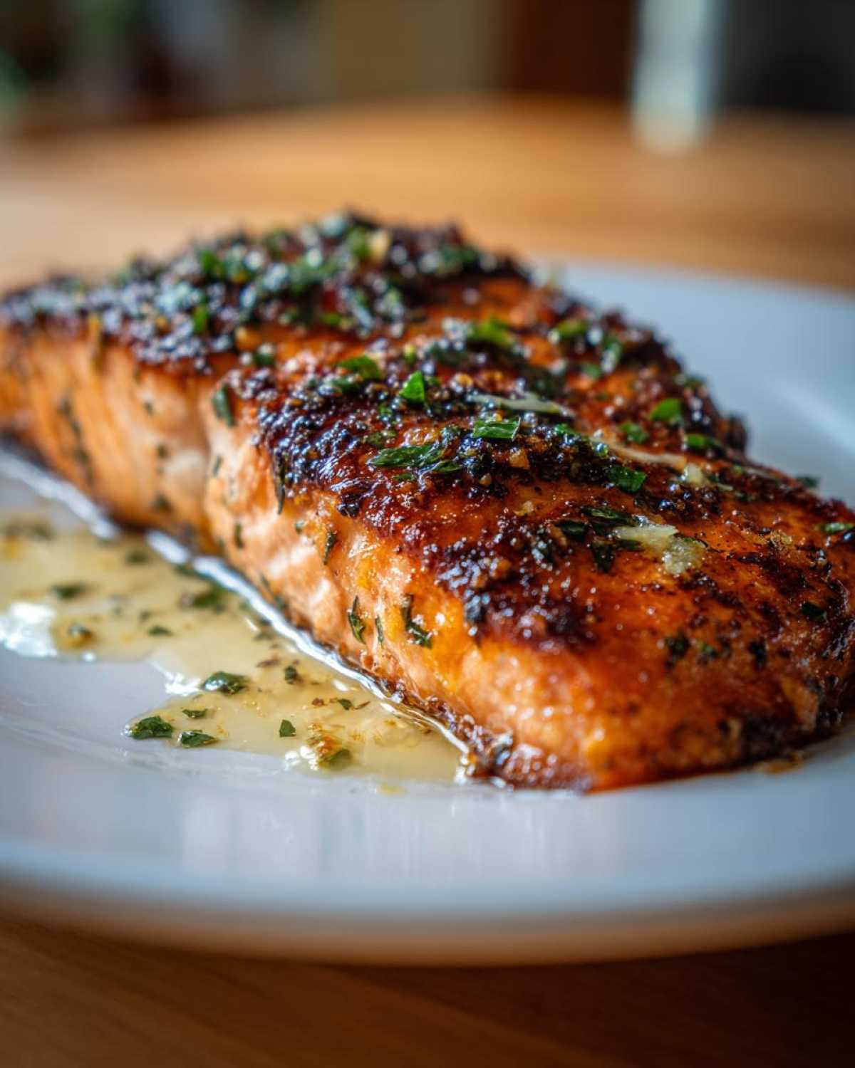 Close-up of a juicy, glazed air fryer salmon fillet topped with herbs and resting in butter sauce.
