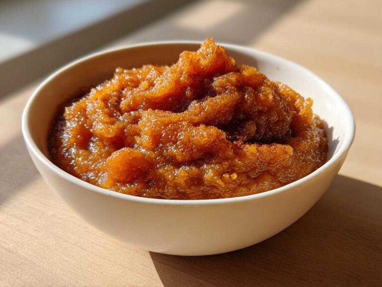 Amazing 35-Min applesauce You Need Now A close-up of thick, rich brown homemade applesauce piled high in a white bowl.