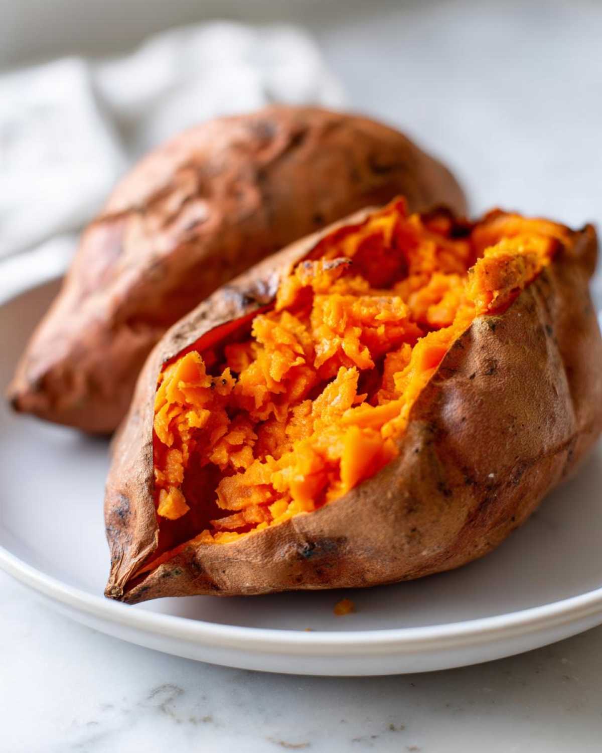 Close-up of a perfectly baked sweet potato split open, revealing bright orange, fluffy flesh.