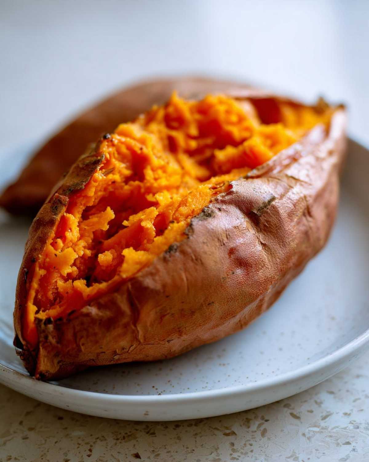 Close-up of a perfectly baked sweet potato, split open to show the bright orange, fluffy interior.