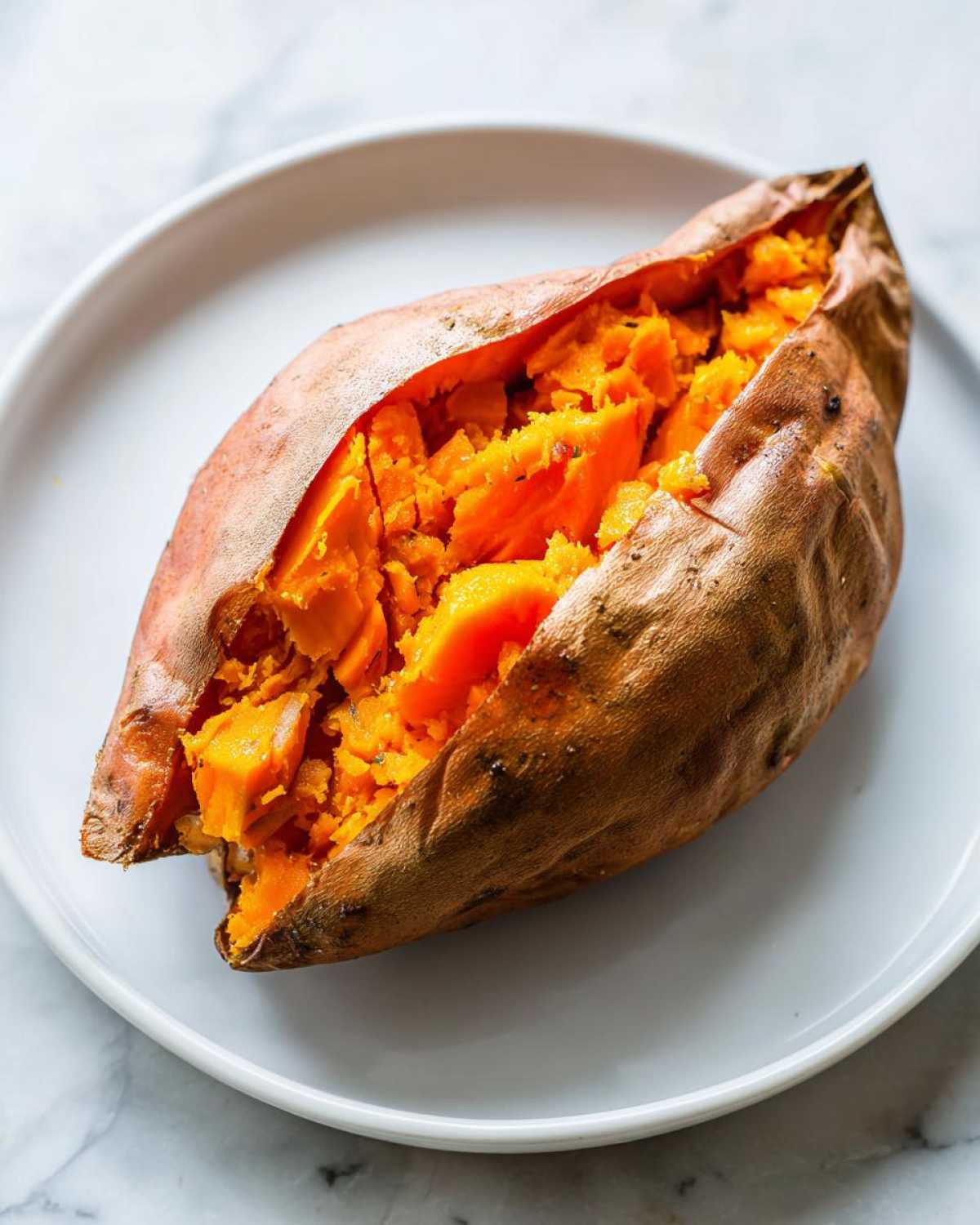 Close-up of a fluffy baked sweet potato split open on a white plate, showing bright orange flesh.