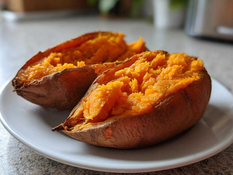 Two halves of a fluffy, bright orange baked sweet potato served on a white plate.