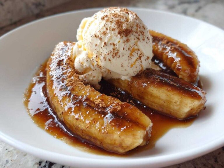 Close-up of caramelized bananas foster topped with vanilla ice cream and cinnamon.