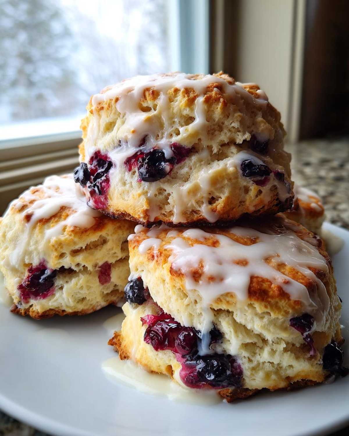 Close-up of stacked, fluffy blueberry scones drizzled with a thick white glaze, showing juicy berries inside.