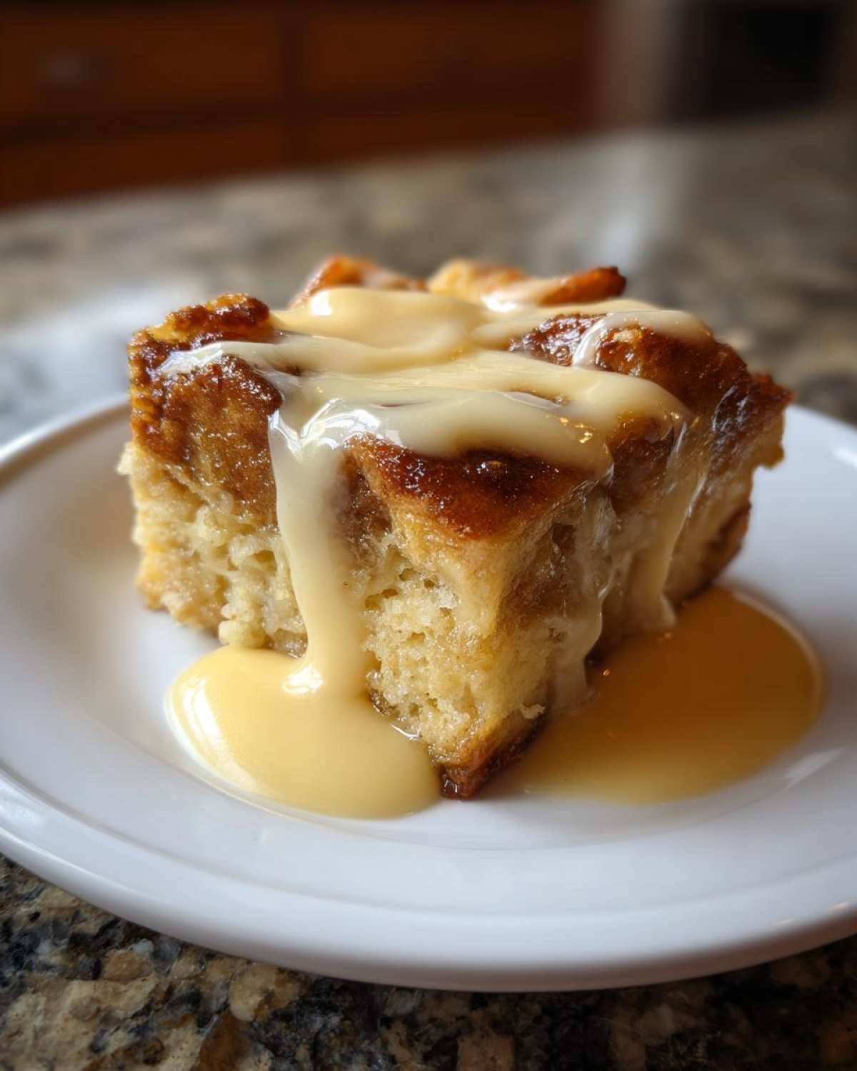 Close-up of a square slice of golden brown bread pudding topped with rich vanilla sauce.