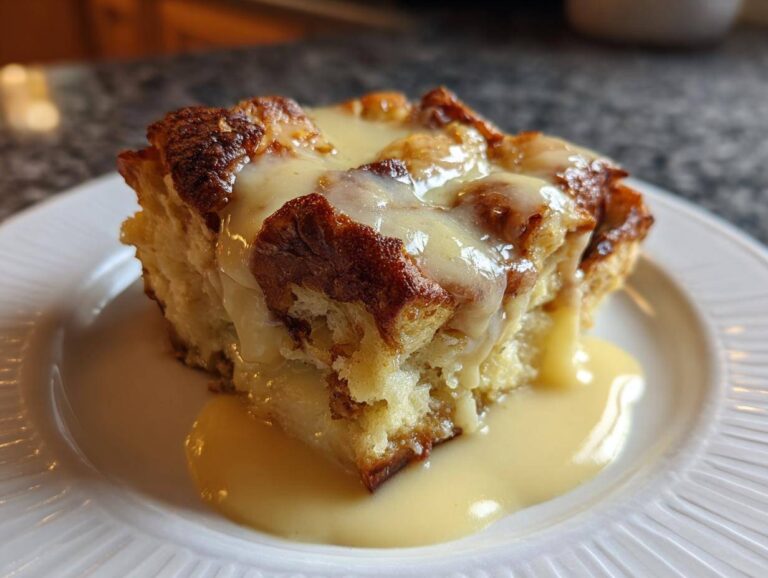 A close-up of a square slice of amazing bread pudding topped with rich vanilla sauce.