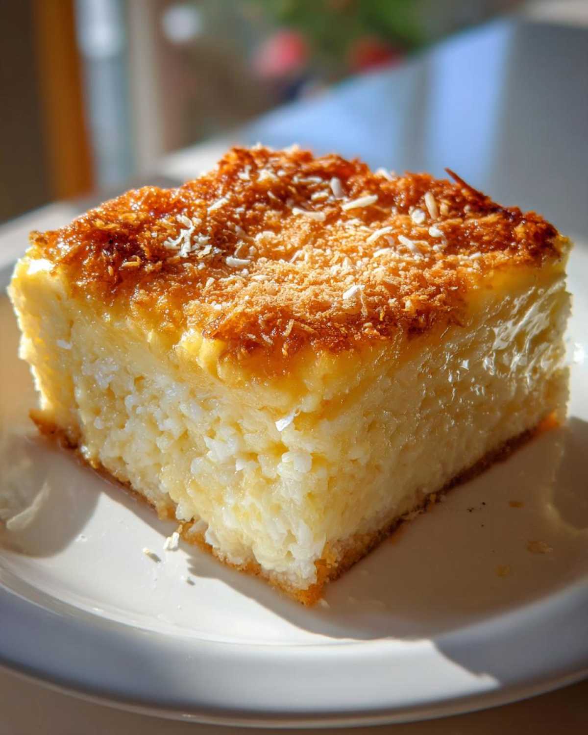 A square slice of moist cassava cake with a rich, golden, toasted coconut topping.