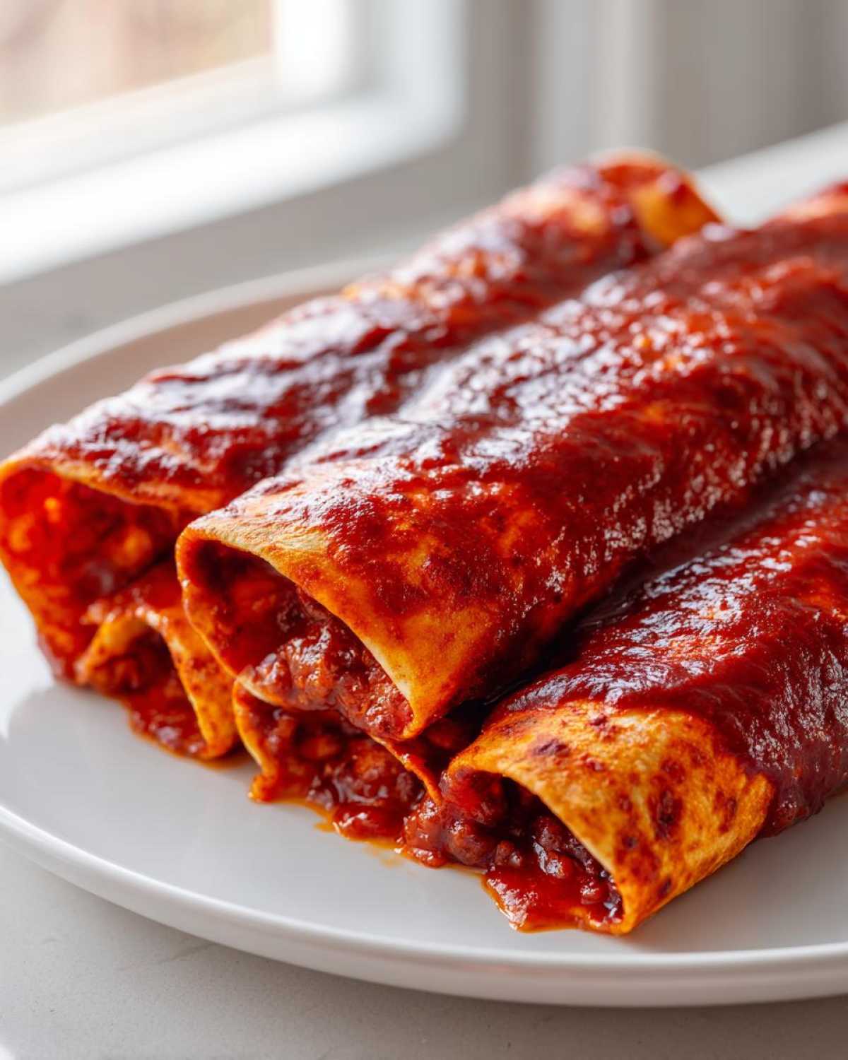 Close-up of three rolled cheese enchiladas smothered in rich red sauce on a white plate.