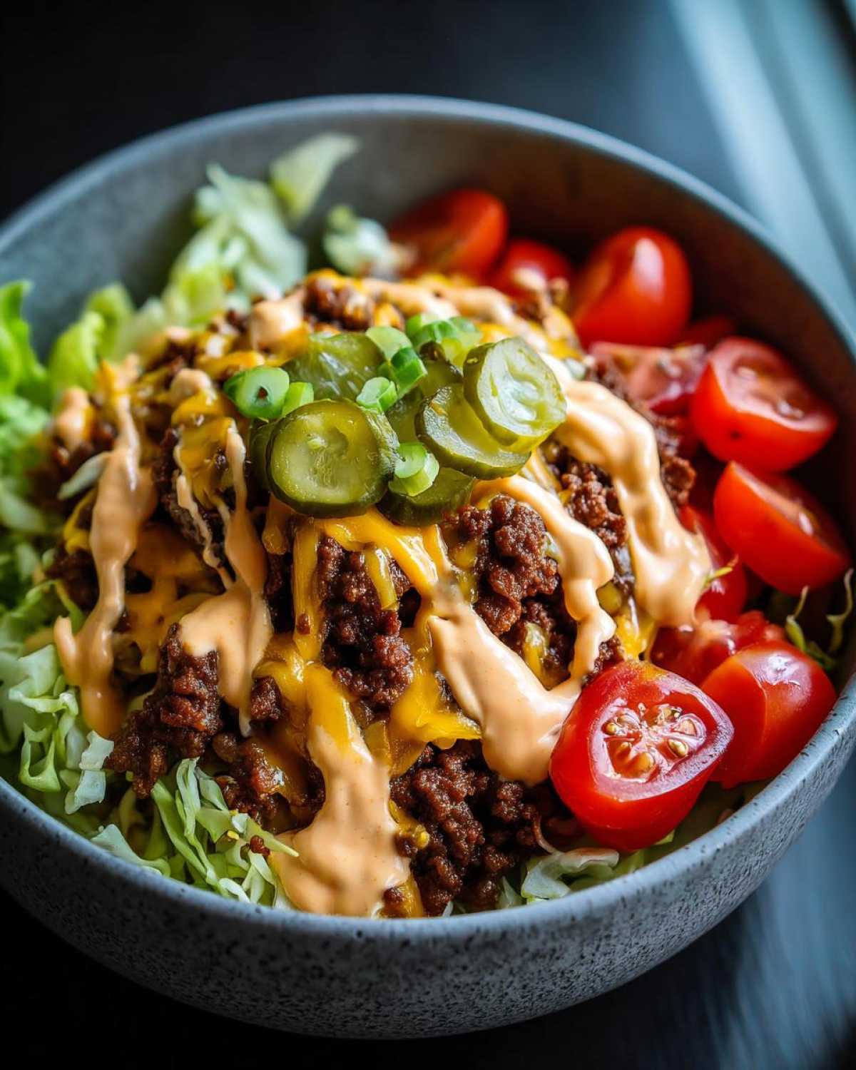 A close-up of a delicious cheeseburger bowl featuring seasoned ground beef, melted cheese, special sauce, pickles, and tomatoes over lettuce.
