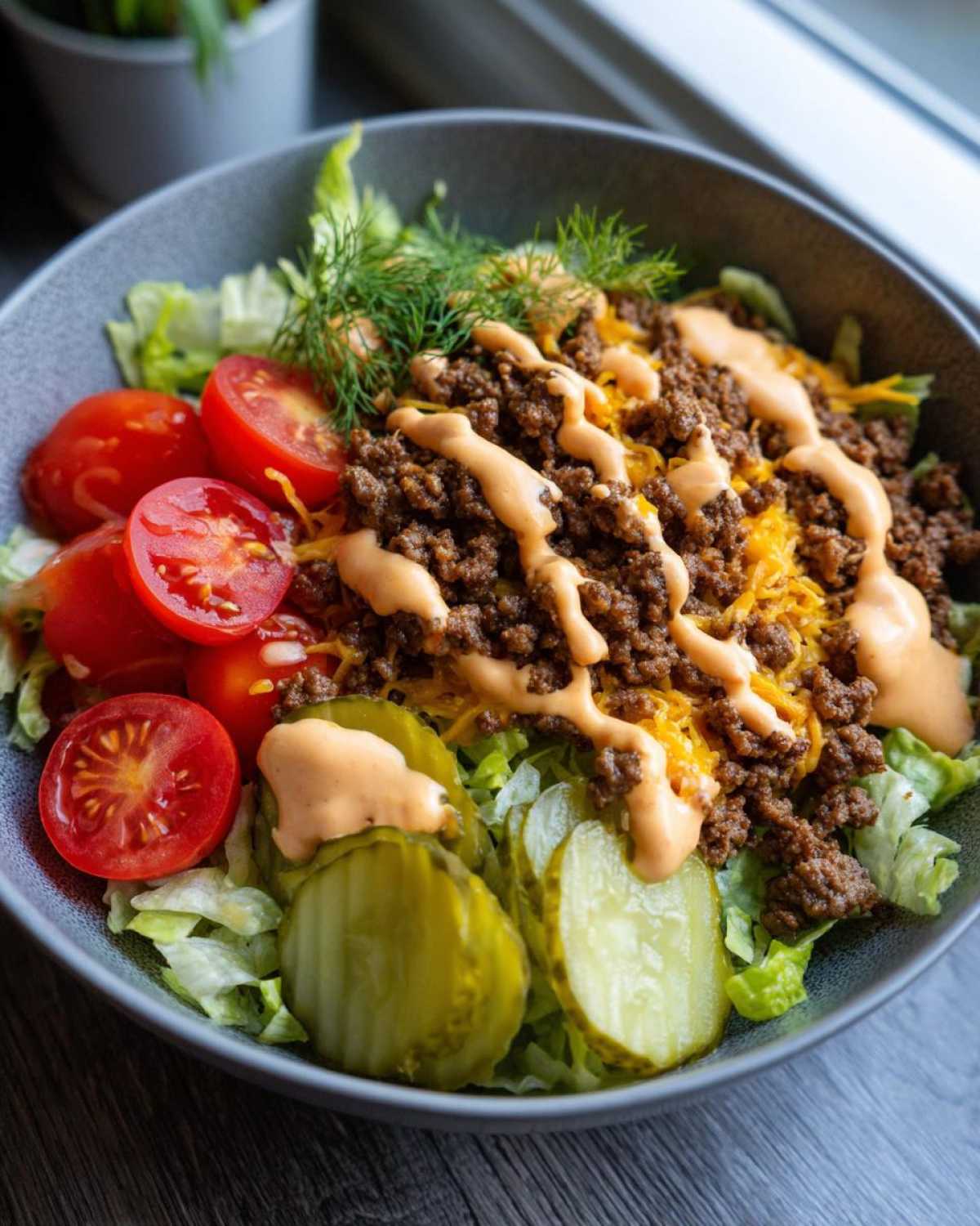 A close-up view of a colorful cheeseburger bowl featuring seasoned ground beef, shredded cheese, pickles, tomatoes, and special sauce over lettuce.