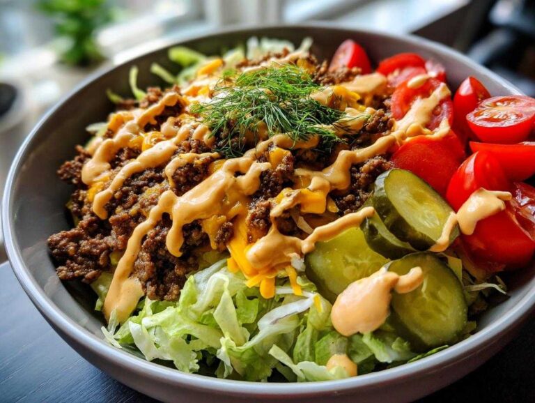 A close-up of a vibrant cheeseburger bowl featuring seasoned ground beef, shredded lettuce, pickles, tomatoes, and a drizzle of sauce.